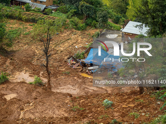 There are roadblocks on Charghare caused by landslides due to heavy rainfall in southern Lalitpur, Nepal, on September 29, 2024. (