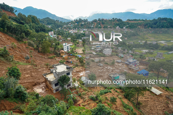 There are roadblocks on Charghare caused by landslides due to heavy rainfall in southern Lalitpur, Nepal, on September 29, 2024. 