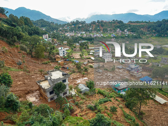 There are roadblocks on Charghare caused by landslides due to heavy rainfall in southern Lalitpur, Nepal, on September 29, 2024. (