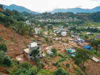 There are roadblocks on Charghare caused by landslides due to heavy rainfall in southern Lalitpur, Nepal, on September 29, 2024. (