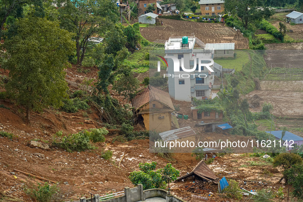 There are roadblocks on Charghare caused by landslides due to heavy rainfall in southern Lalitpur, Nepal, on September 29, 2024. 