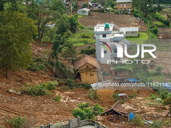 There are roadblocks on Charghare caused by landslides due to heavy rainfall in southern Lalitpur, Nepal, on September 29, 2024. (