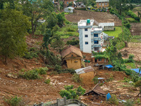 There are roadblocks on Charghare caused by landslides due to heavy rainfall in southern Lalitpur, Nepal, on September 29, 2024. (