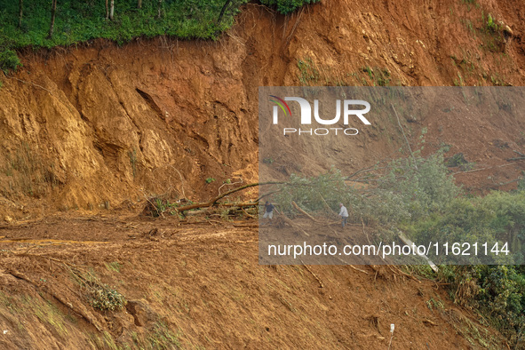 There are roadblocks on Charghare caused by landslides due to heavy rainfall in southern Lalitpur, Nepal, on September 29, 2024. 