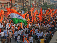 Yuva Shakti Manch activists participate in a 'Bhagva' rally demanding a Hindu Nation, Uniform Civil Code (UCC), and Population Control Act i...