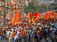 Yuva Shakti Manch activists participate in a 'Bhagva' rally demanding a Hindu Nation, Uniform Civil Code (UCC), and Population Control Act i...