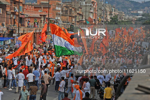 Yuva Shakti Manch activists participate in a 'Bhagva' rally demanding a Hindu Nation, Uniform Civil Code (UCC), and Population Control Act i...