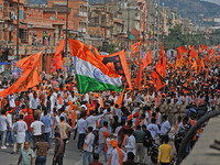 Yuva Shakti Manch activists participate in a 'Bhagva' rally demanding a Hindu Nation, Uniform Civil Code (UCC), and Population Control Act i...