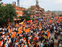 Yuva Shakti Manch activists participate in a 'Bhagva' rally demanding a Hindu Nation, Uniform Civil Code (UCC), and Population Control Act i...