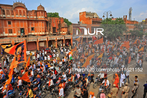 Yuva Shakti Manch activists participate in a 'Bhagva' rally demanding a Hindu Nation, Uniform Civil Code (UCC), and Population Control Act i...