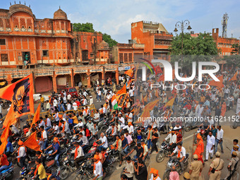 Yuva Shakti Manch activists participate in a 'Bhagva' rally demanding a Hindu Nation, Uniform Civil Code (UCC), and Population Control Act i...