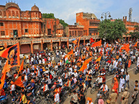 Yuva Shakti Manch activists participate in a 'Bhagva' rally demanding a Hindu Nation, Uniform Civil Code (UCC), and Population Control Act i...