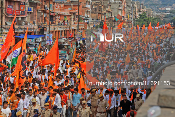 Yuva Shakti Manch activists participate in a 'Bhagva' rally demanding a Hindu Nation, Uniform Civil Code (UCC), and Population Control Act i...