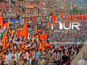 Yuva Shakti Manch activists participate in a 'Bhagva' rally demanding a Hindu Nation, Uniform Civil Code (UCC), and Population Control Act i...