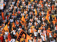 Yuva Shakti Manch activists participate in a 'Bhagva' rally demanding a Hindu Nation, Uniform Civil Code (UCC), and Population Control Act i...