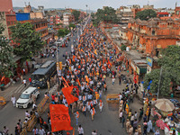 Yuva Shakti Manch activists participate in a 'Bhagva' rally demanding a Hindu Nation, Uniform Civil Code (UCC), and Population Control Act i...