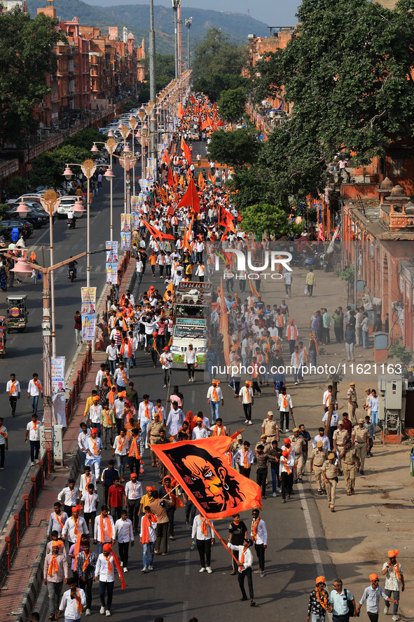 Yuva Shakti Manch activists participate in a 'Bhagva' rally demanding a Hindu Nation, Uniform Civil Code (UCC), and Population Control Act i...