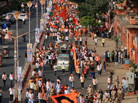 Yuva Shakti Manch activists participate in a 'Bhagva' rally demanding a Hindu Nation, Uniform Civil Code (UCC), and Population Control Act i...