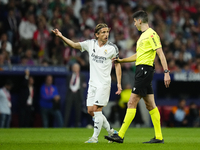 Luka Modric central midfield of Real Madrid and Croatia protest to referee during the LaLiga match between Atletico de Madrid and Real Madri...