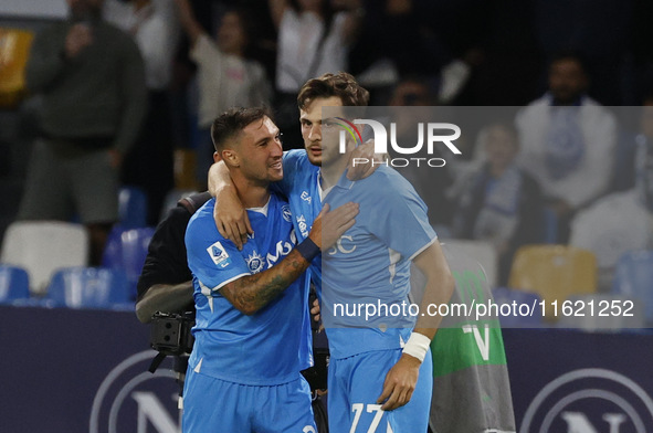 Napoli's Khvicha Kvaratskhelia and Napoli's Matteo Politano celebrate after scoring their first goal during the Serie A soccer match SSC Nap...