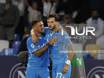 Napoli's Khvicha Kvaratskhelia and Napoli's Matteo Politano celebrate after scoring their first goal during the Serie A soccer match SSC Nap...