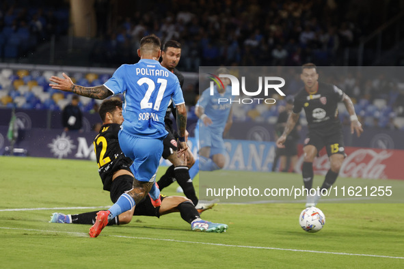 Napoli's Matteo Politano scores their first goal during the Serie A soccer match between SSC Napoli and Monza at Stadio Maradona in Naples,...