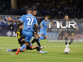 Napoli's Matteo Politano scores their first goal during the Serie A soccer match between SSC Napoli and Monza at Stadio Maradona in Naples,...