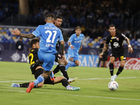 Napoli's Matteo Politano scores their first goal during the Serie A soccer match between SSC Napoli and Monza at Stadio Maradona in Naples,...