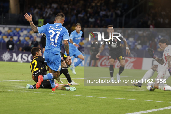 Napoli's Matteo Politano scores their first goal during the Serie A soccer match between SSC Napoli and Monza at Stadio Maradona in Naples,...