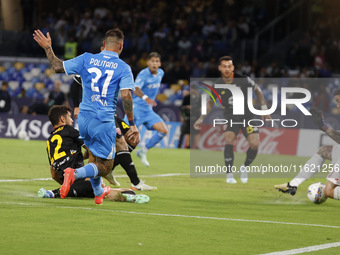 Napoli's Matteo Politano scores their first goal during the Serie A soccer match between SSC Napoli and Monza at Stadio Maradona in Naples,...