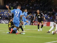 Napoli's Matteo Politano scores their first goal during the Serie A soccer match between SSC Napoli and Monza at Stadio Maradona in Naples,...