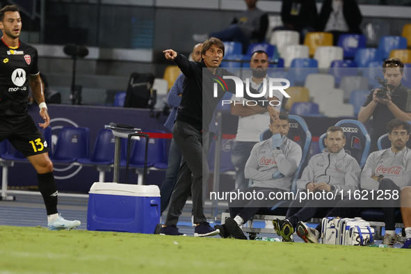 Antonio Conte, coach of Napoli, reacts during the Serie A soccer match between SSC Napoli and Monza at Stadio Maradona in Naples, Italy, on...