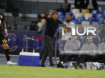 Antonio Conte, coach of Napoli, reacts during the Serie A soccer match between SSC Napoli and Monza at Stadio Maradona in Naples, Italy, on...