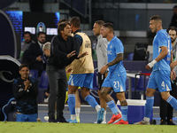 Napoli's Matteo Politano celebrates after scoring their first goal during the Serie A soccer match between SSC Napoli and Monza at Stadio Ma...