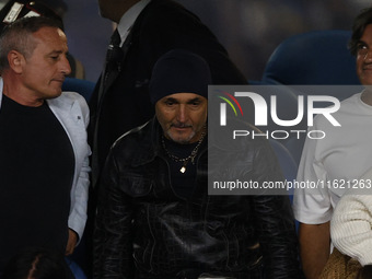 Luciano Spalletti, Italy's CT, is seen on stage before the Serie A soccer match between SSC Napoli and Monza at Stadio Maradona in Naples, I...