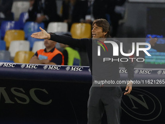 Antonio Conte, coach of Napoli, reacts during the Serie A soccer match between SSC Napoli and Monza at Stadio Maradona in Naples, Italy, on...