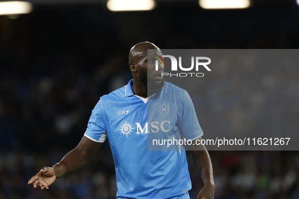 Napoli's Romelu Lukaku looks on during the Serie A soccer match between SSC Napoli and Monza at Stadio Maradona in Naples, Italy, on Septemb...