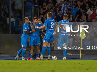 Khvicha Kvaratskhelia of SSC Napoli celebrates after scoring during the Serie A match between SSC Napoli and AC Monza at Stadio Diego Armand...