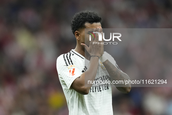 Rodrygo Goes right winger of Real Madrid and Brazil lament a failed occasion during the LaLiga match between Atletico de Madrid and Real Mad...