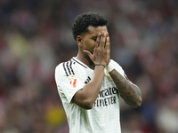 Rodrygo Goes right winger of Real Madrid and Brazil lament a failed occasion during the LaLiga match between Atletico de Madrid and Real Mad...