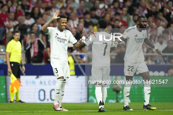 Eder Militao centre-back of Real Madrid and Brazil celebrates after scoring his sides first goal during the LaLiga match between Atletico de...