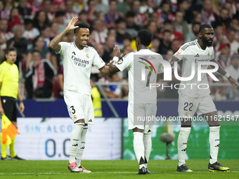 Eder Militao centre-back of Real Madrid and Brazil celebrates after scoring his sides first goal during the LaLiga match between Atletico de...