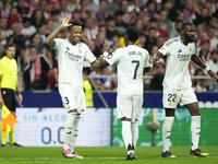 Eder Militao centre-back of Real Madrid and Brazil celebrates after scoring his sides first goal during the LaLiga match between Atletico de...