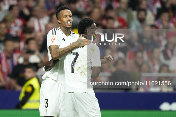 Eder Militao centre-back of Real Madrid and Brazil celebrates after scoring his sides first goal during the LaLiga match between Atletico de...