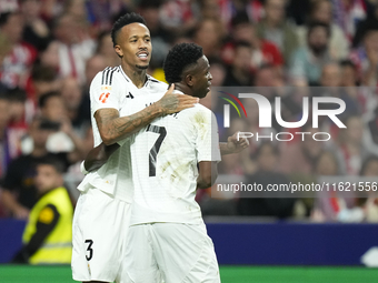 Eder Militao centre-back of Real Madrid and Brazil celebrates after scoring his sides first goal during the LaLiga match between Atletico de...