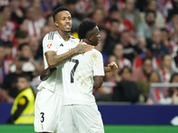 Eder Militao centre-back of Real Madrid and Brazil celebrates after scoring his sides first goal during the LaLiga match between Atletico de...