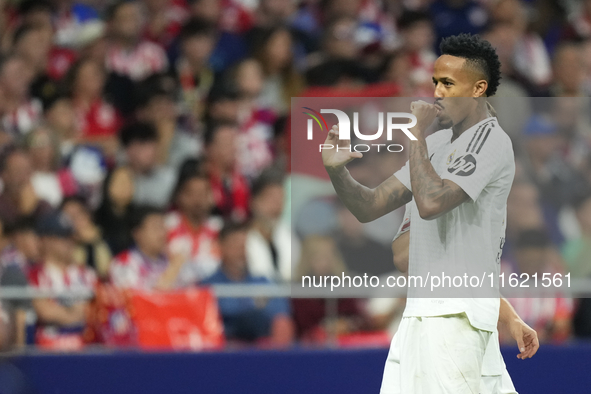 Eder Militao centre-back of Real Madrid and Brazil celebrates after scoring his sides first goal during the LaLiga match between Atletico de...