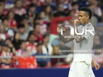 Eder Militao centre-back of Real Madrid and Brazil celebrates after scoring his sides first goal during the LaLiga match between Atletico de...