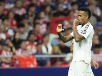 Eder Militao centre-back of Real Madrid and Brazil celebrates after scoring his sides first goal during the LaLiga match between Atletico de...