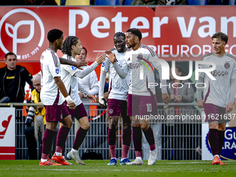 Players of Ajax celebrate the goal. AFC Ajax Amsterdam forward Mika Godts and AFC Ajax Amsterdam forward Chuba Akpom during the match RKC -...